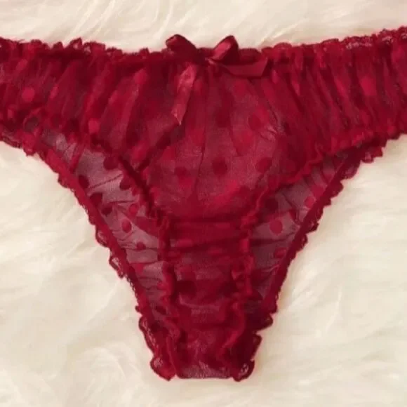 Red Polka Dot Lingerie Set • Mesh Bikini Style Lingerie Outfit - Picture 4 of 11